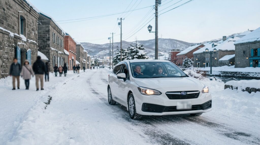 冬の小樽で雪道を慎重に運転する乗用車と冬道安全運転のイメージ