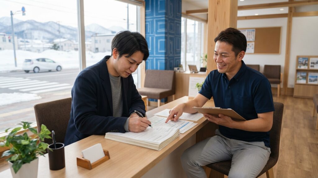 教育訓練給付金の申請書類を小樽自動車学校の受付で確認する様子