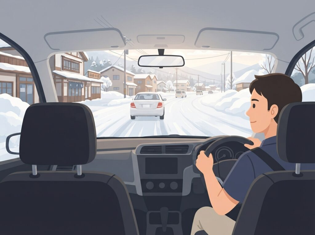 雪道運転で十分な車間距離を保ちながら慎重に走行する様子