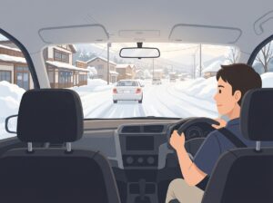 雪道運転で十分な車間距離を保ちながら慎重に走行する様子