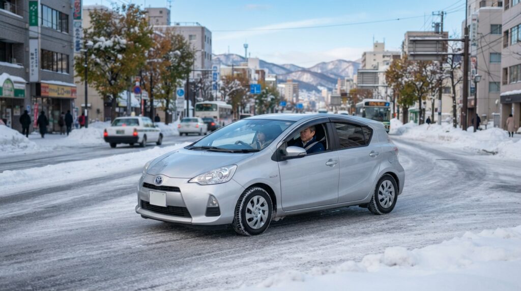 アイスバーンで安全にブレーキをかけて走行する自動車の手稲での様子