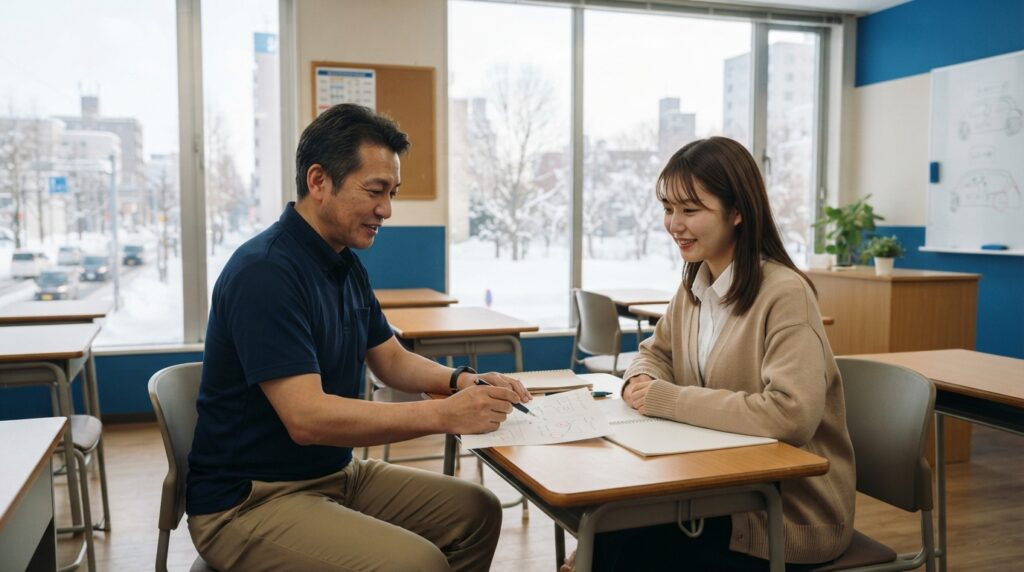 OD式安全性テストの結果用紙を見ながら教習生に説明する手稲自動車学校の指導員