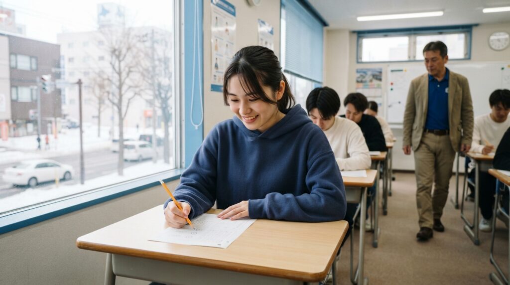OD式安全性テストを受検する教習生の手元と教室の様子