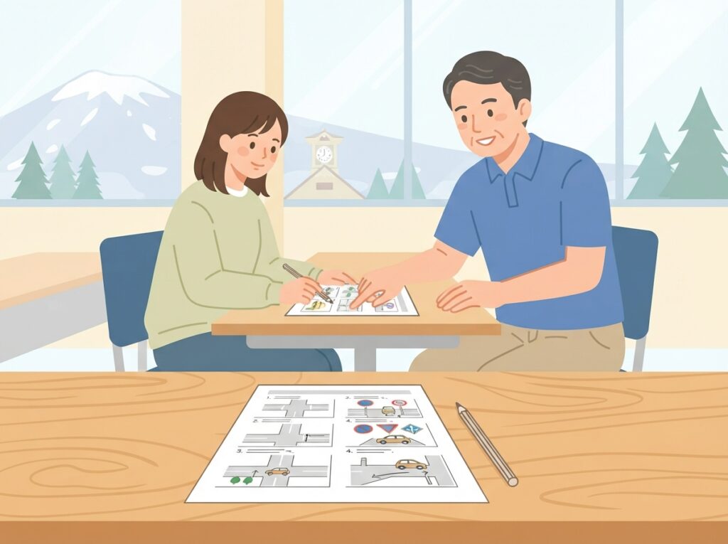 教習所でのOD式安全性テストの用紙と指導員の丁寧なアドバイス