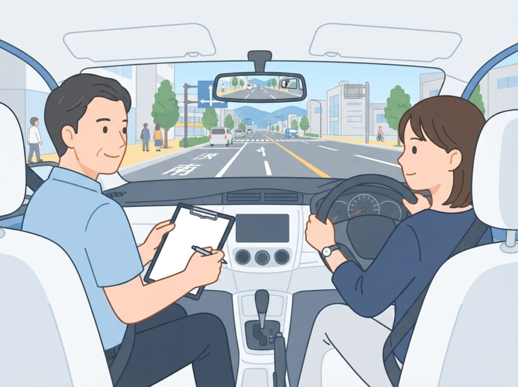 卒業検定中の車内指導と安全確認の様子