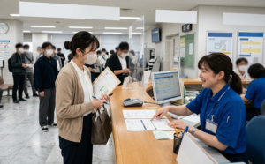 受付で説明を受ける受験者