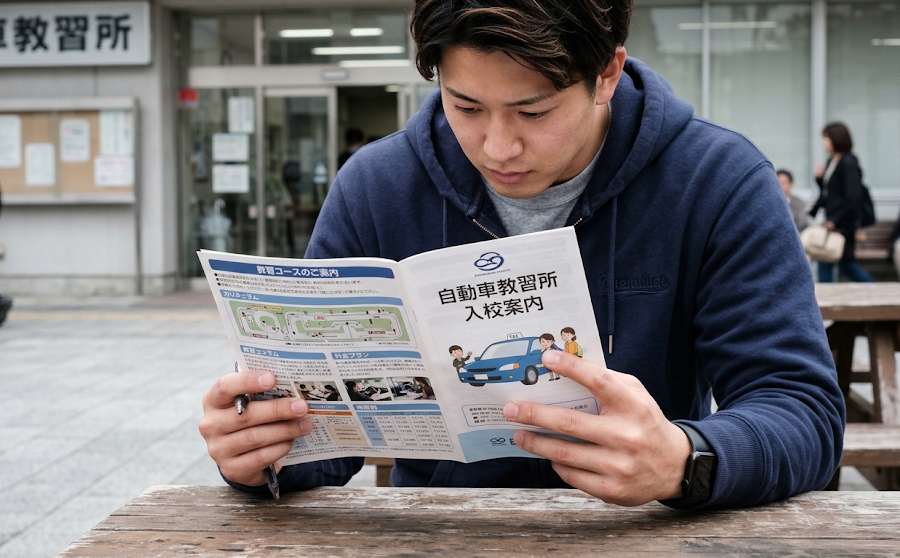 パンフレットを確認する若者
