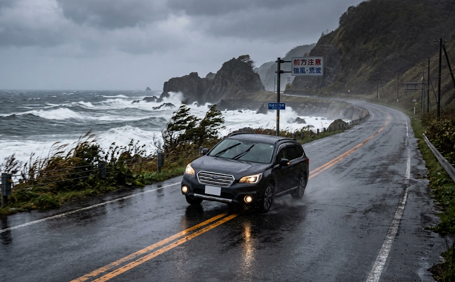 強風に流されかける車