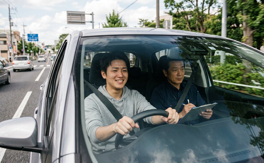 指導を受けながら路上を走行する教習生