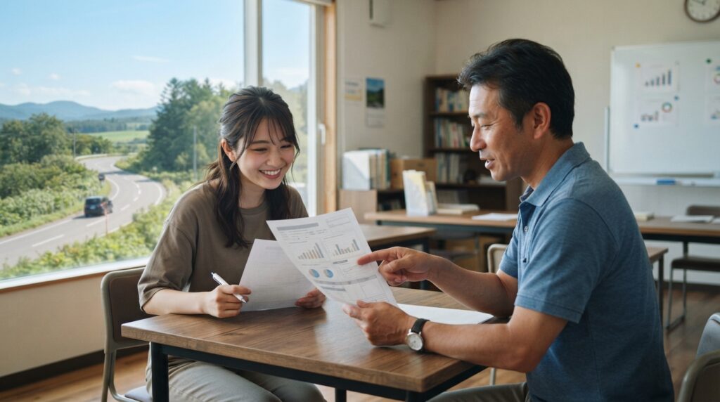 OD式安全性テストの結果表を笑顔で確認する教習生と余市自動車学校の指導員