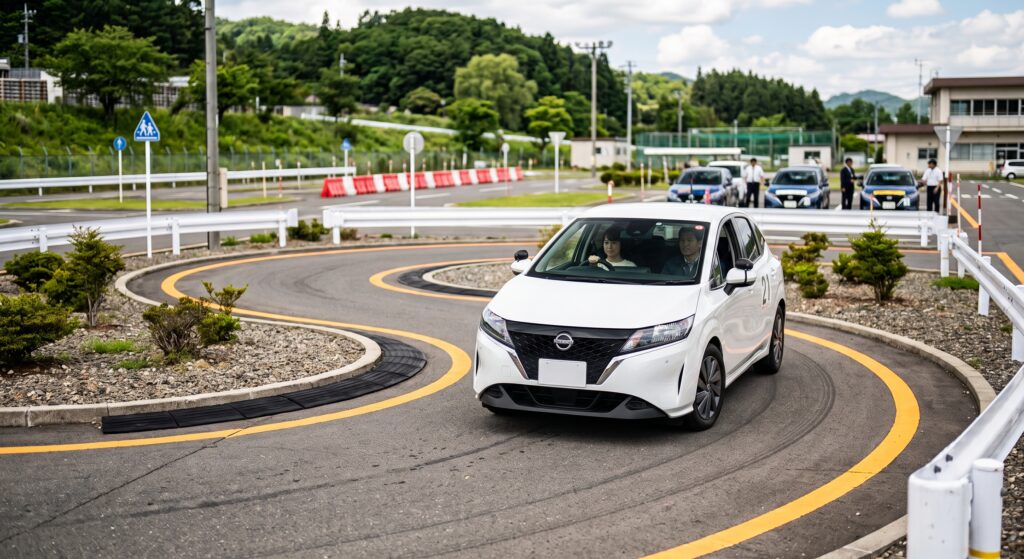S字カーブで内輪差に注意しながら進む教習車